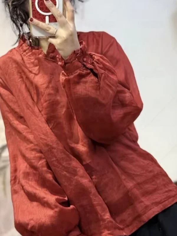 Colletto in pizzo rosso Lino irt Lanterna allentata da donna Sve Faion Primavera Artistico Sle Top dimagrante Faion di Capodanno