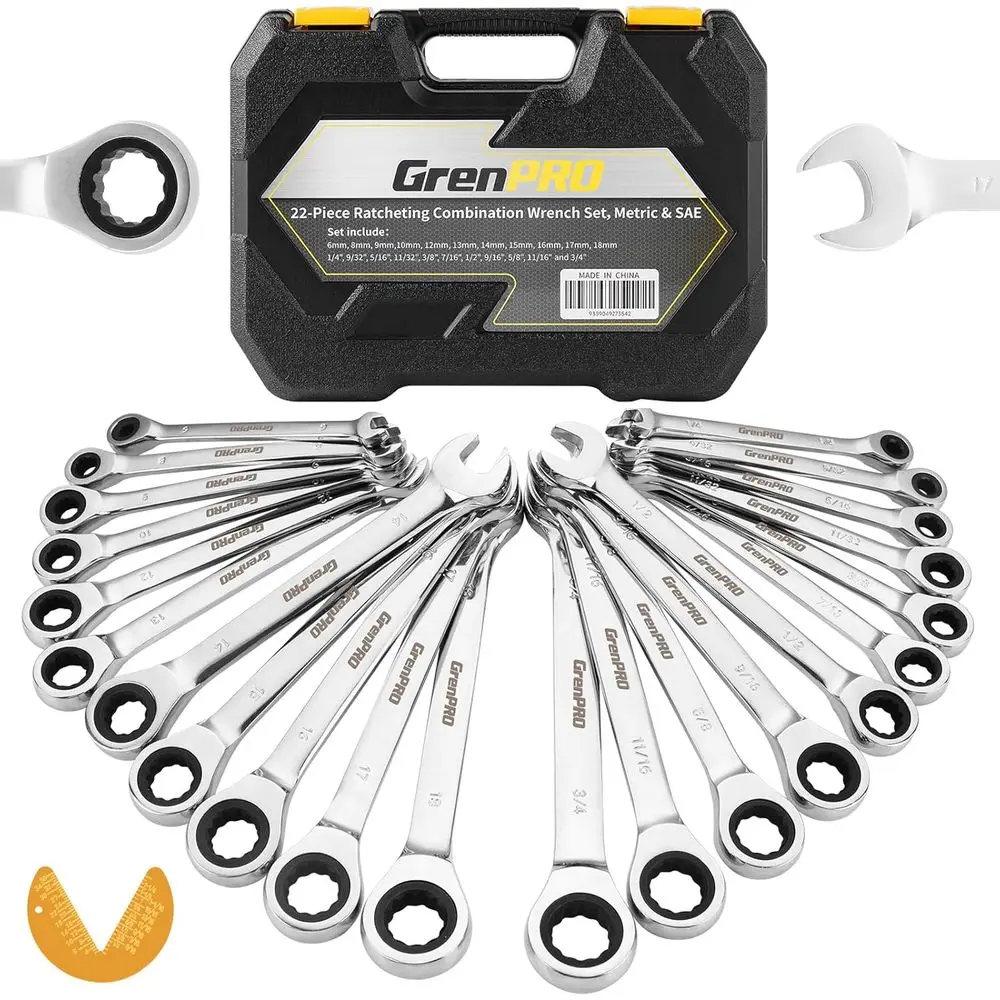 

72-Tooth Ratcheting Wrench Set, Metric & SAE, 6-18mm & 1/4-3/4, Complete Tool Kit with Gauge