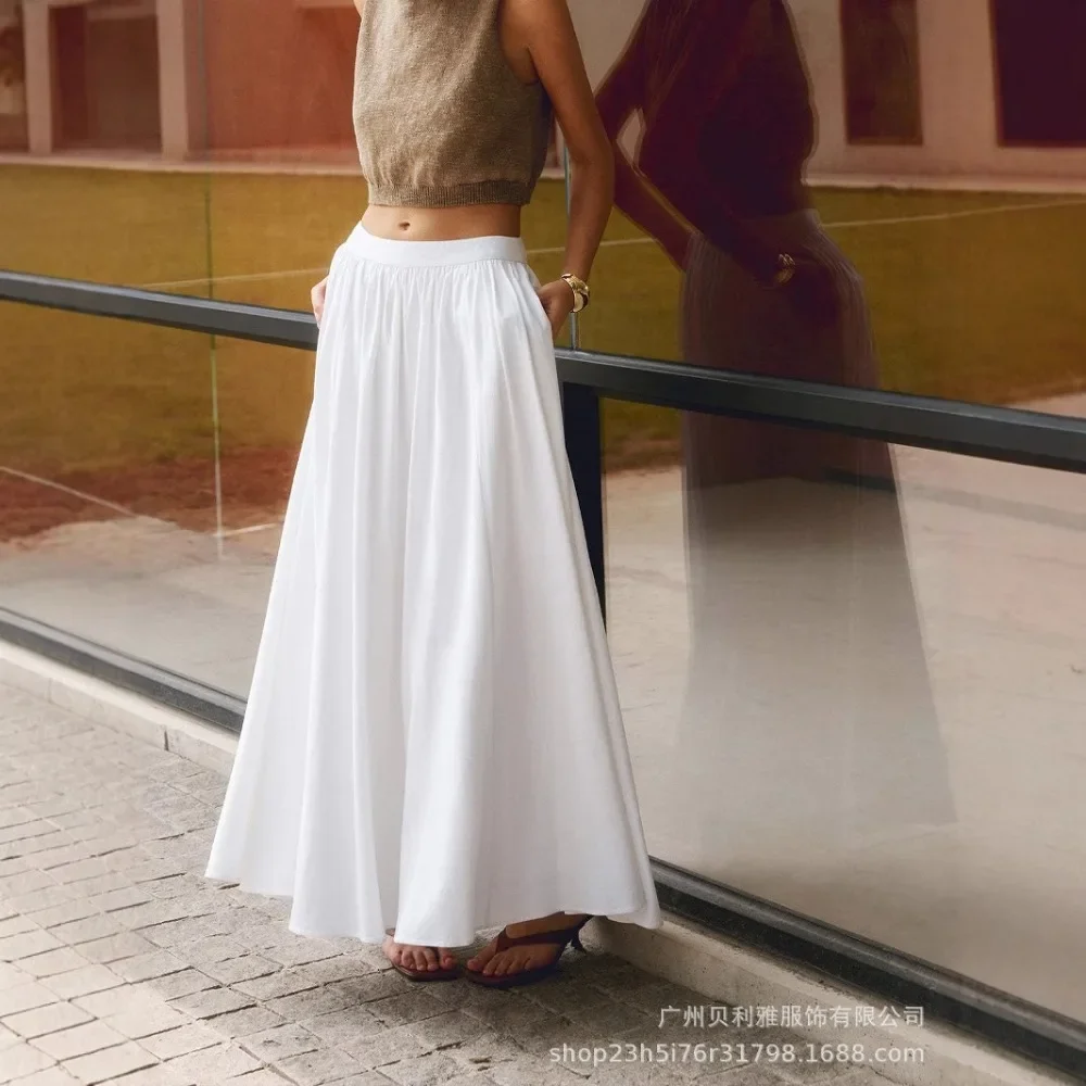 Women New Spring Summer Solid Color High Waist Flared Maxi Skirt Versatile Flowy Flattering Casual Daily Streetwear