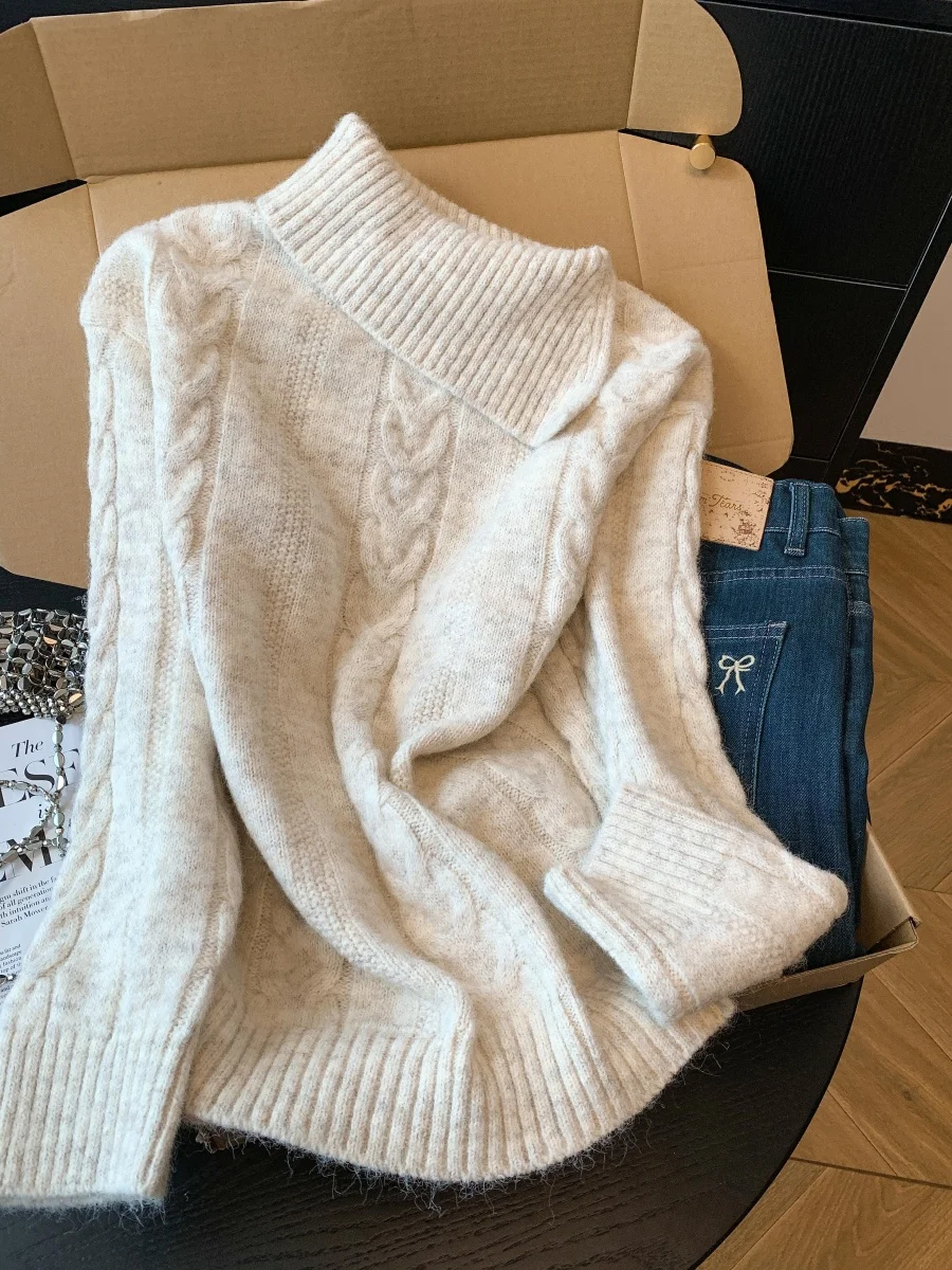 

Korean Sle Thiened Warm Soft Knitted Sweater Women's Collar Twist Knit Winter New Arrival Casual Loose Fit Top