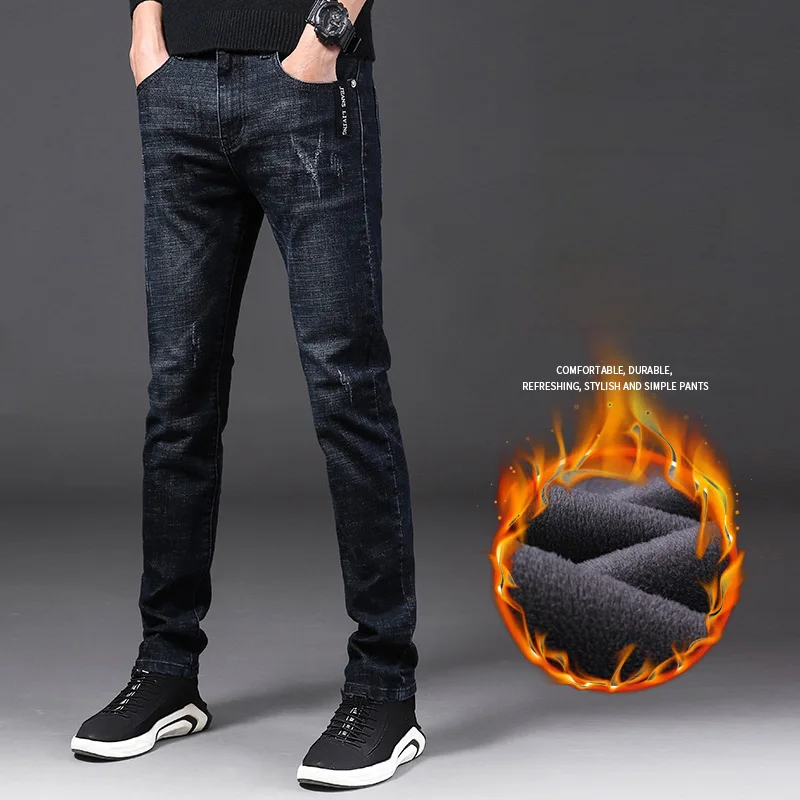 

Men Winter Thermal Jeans Snow Warm Stretch Straight Jeans Man Fleece Denim Long Pants Cool Narrow Leg Slim Fit Blue Trousers