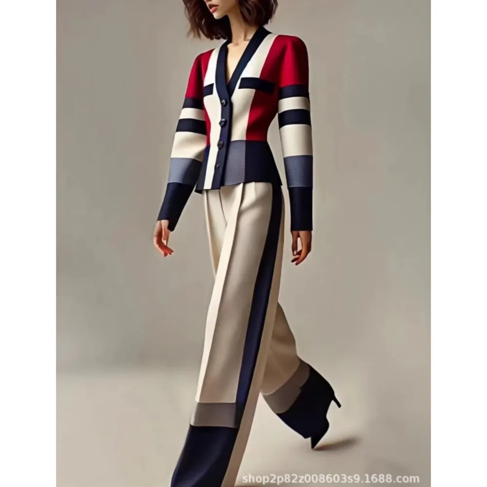 Eleganter Damen-Zweiteiler mit Farbblock-Design, V-Ausschnitt-Blazer und Hochgeschnittener Weiter Hose, Luxuriöser Gestreifter Formeller Anzug für Büro und Herbst