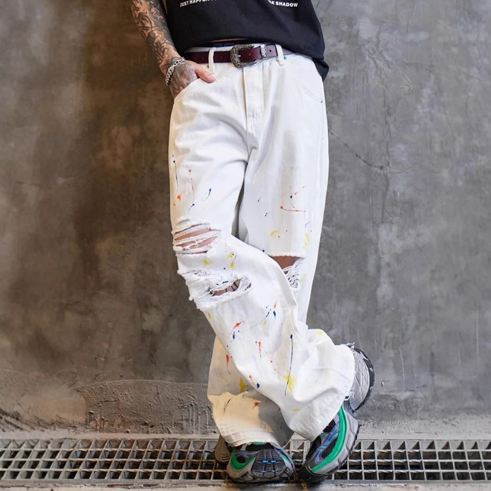 High Street White Splatter Distressed Jeans Men's Wide Straight Leg Casual Denim Trousers