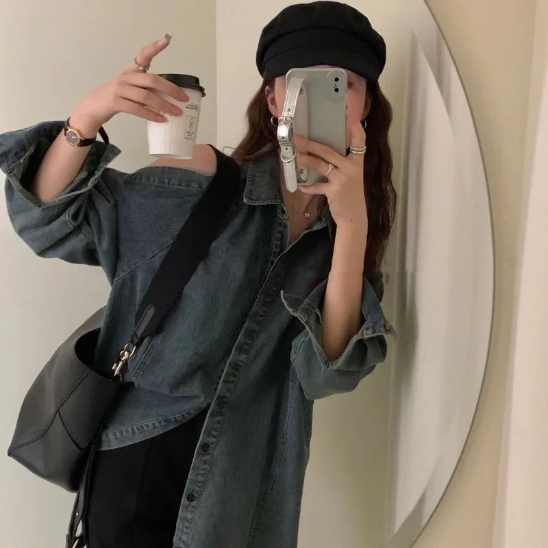 Korean Vintage Sexy Denim Tops Streetwear Chic Coat Women Y2k Loose Hollow Out Long Sleeve Off Shoulder Jackets Outerwear