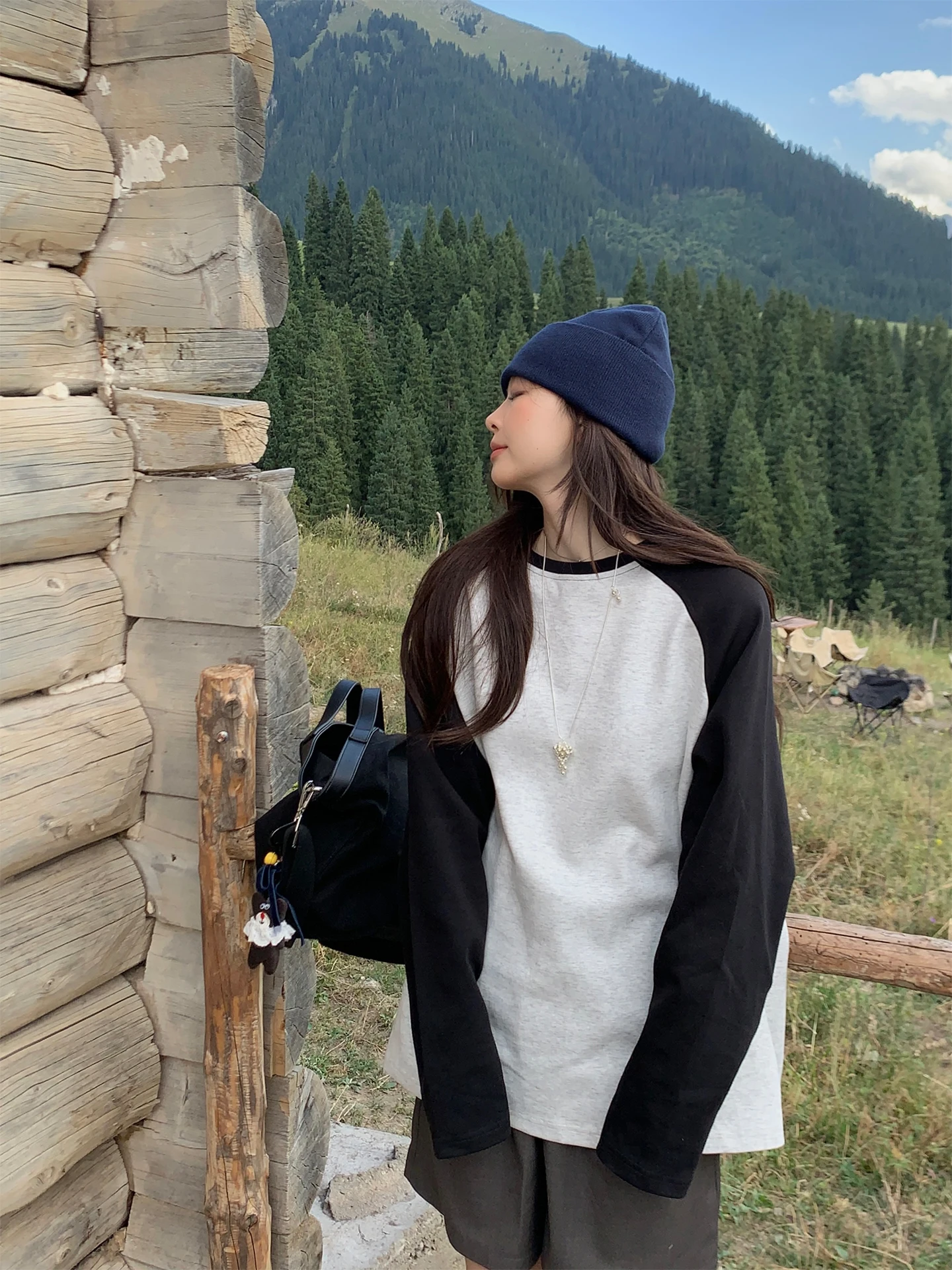 

Женский топ OOOINKK осенний оверсайз, свободный крой, 250 г, из двойного хлопка, с цветными блоками, круглый вырез, длинный рукав