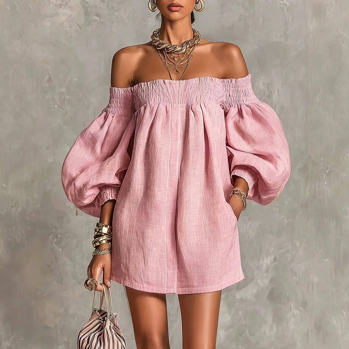 

Elegant Off Shoulder Mini Dress For Women Spring Summer Long Puff Sleeves Fashion Date Night Evening Short Dresses Vestidos