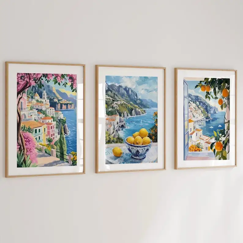 3pcs Modern Amalfi Coast Canvas Painting, Unframed Colorful Summer Mediterranean Prints, Italy Coastal Posters for Bedroom Decor
