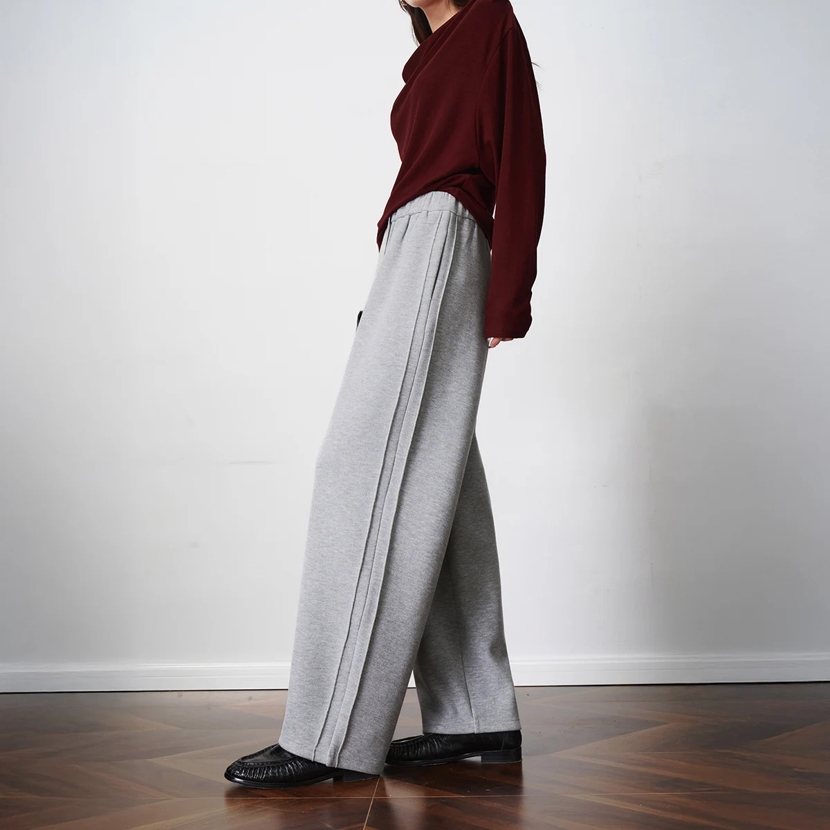 OLrain Simple Knit Wide Leg Sweatpants Women Straight Long Pants Drawstring Elastic Waist Trousers Female Clothing O57QK001161