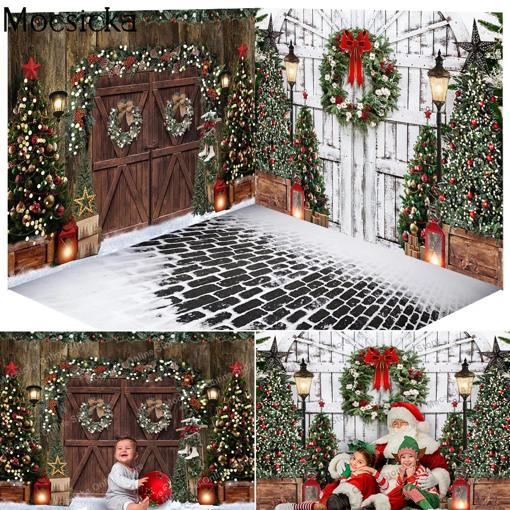 Winter Christmas Brown White Wooden Door Backdrop Xmas Tree Vintage Snowy Stone Baby Portrait Party Decor Background Photography