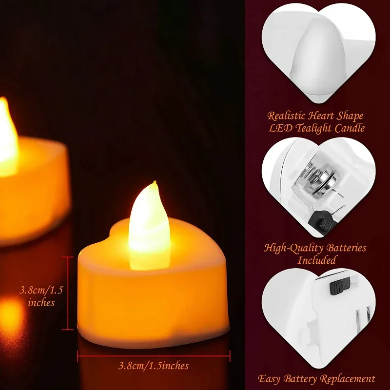 3/12Pcs Flameless Small LED Candle Heart Shape LED Tealight Battery Operated Home Valentine\'s Day Birthday Party Decor Lighting