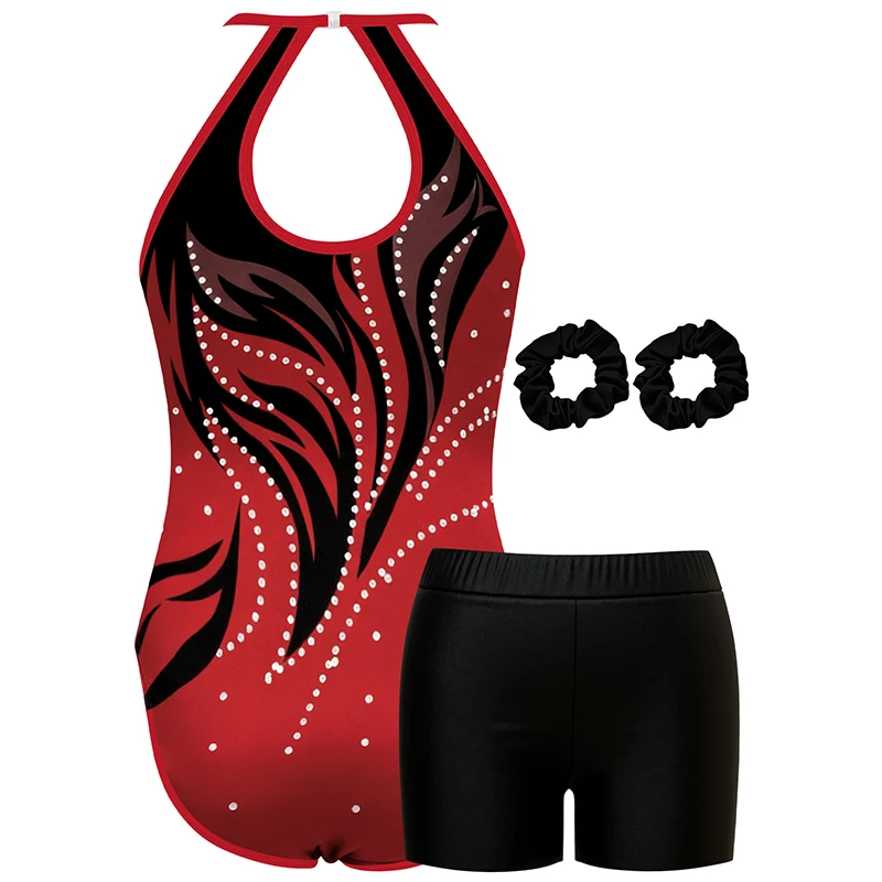 Girls Gymnastics Leotard Kids Flame Pattern Halter Neck Bodysuits with Shorts and Hairband No Diamond
