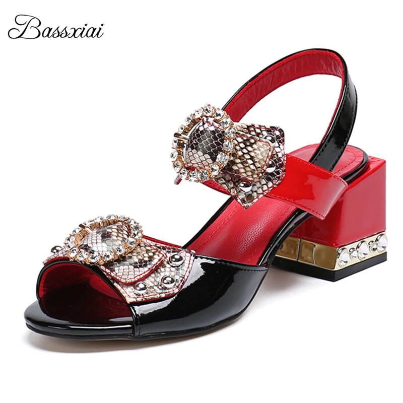 

Serpentine Crystal Butterfly-Knot Buckle Sandals Women Diamond Square Heel Ankle Strap Summer Shoes