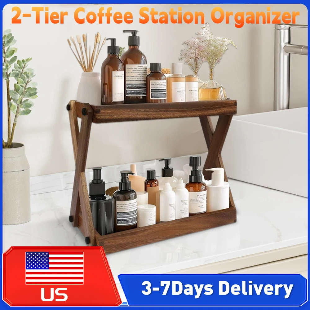 

Деревянная двухъярусная подставка-органайзер для кофейной станции, настольная полка большой вместимости для хранения кофе, чая, специй, приправ, косметики, кухонных принадлежностей