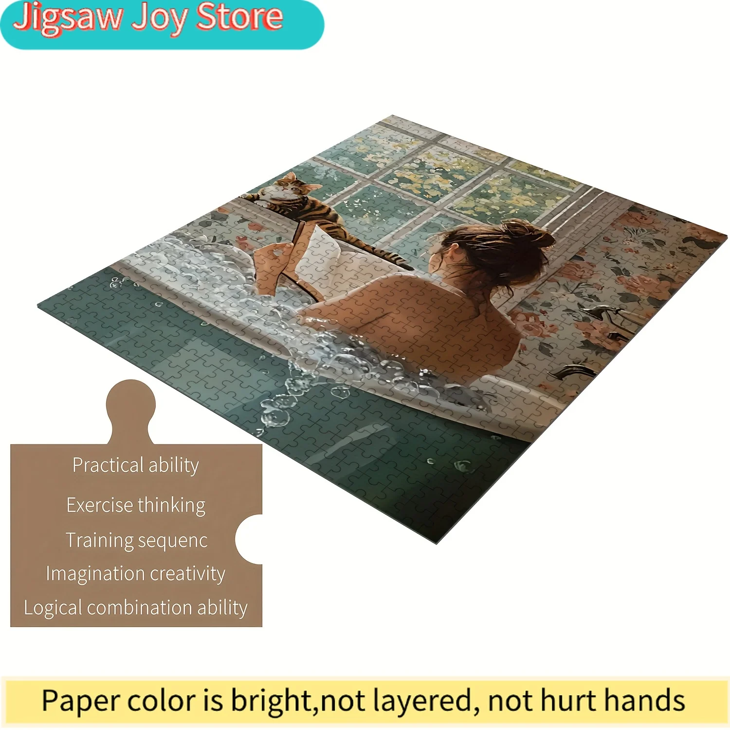 

A Puzzle Designed for And Families Featuring a Woman Enjoying a Bubble Bath with a Cat. This Wooden Craft Includes Precisely