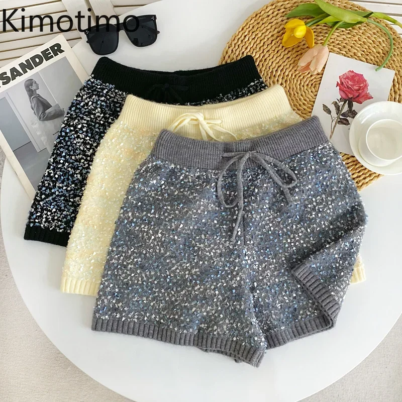 Kimotimo Knitted Shorts Women Autumn Winter Drawstring Elastic High Waist Tassel Wide Leg Short Pants Sexy Fashion Y2k Outer Ins