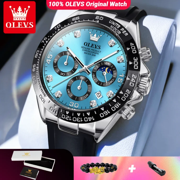 

OLEVS 2875, мужские часы, роскошные кварцевые мужские наручные часы с ромбовидной шкалой и фазой Луны, водонепроницаемый силиконовый ремешок
