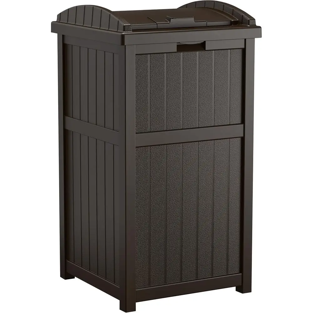 

33-Gallon Resin Outdoor Trash Bin with Secure Lid and Wicker Style, Ideal for Yards, Decks, and Patios in Java Brown