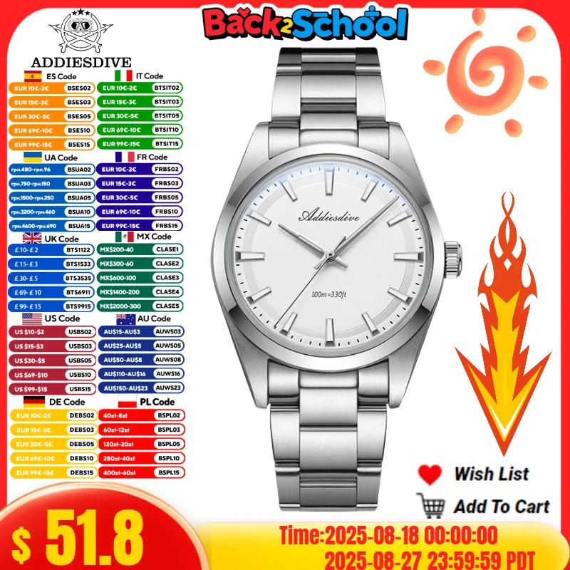 

ADDIESDIVE Hot Sale Watch For Men Reloj Hombre BGW9 Super Luminous 10Bar Waterproof 316L Stainless Steel VH31 Quartz Watches
