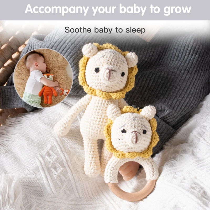 2pc/set Baby Rattles Crochet Stuffed Bunny Doll Rattle Toy Wood Ring Baby Teether Rodent Baby Gym Mobile Newborn Educational Toy