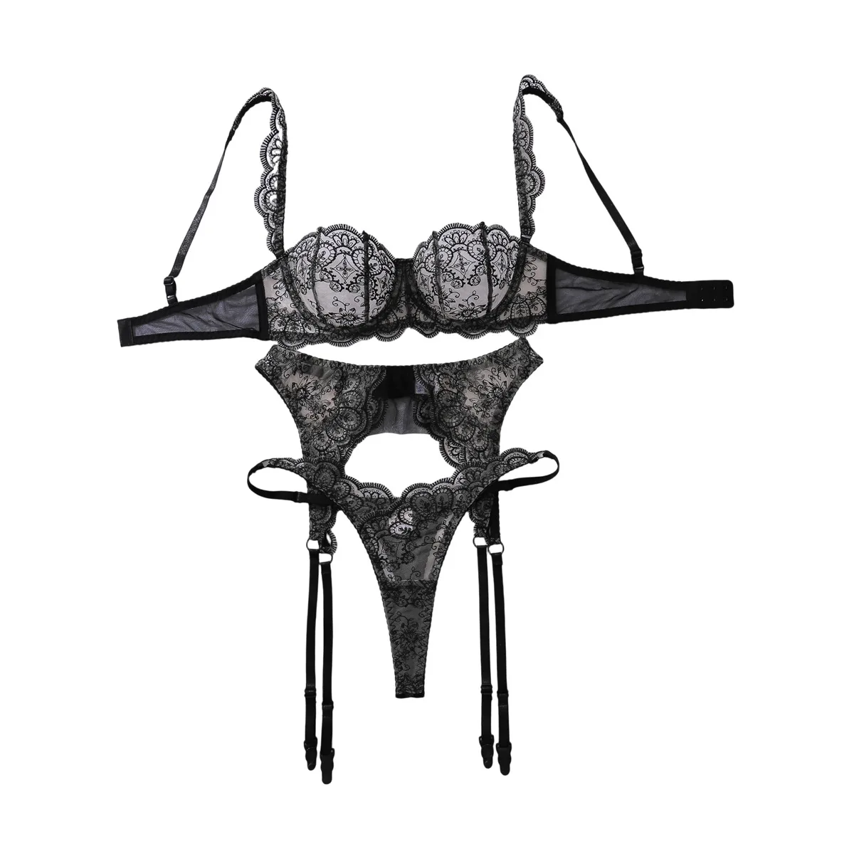 

Женский сексуальный романтический комплект, черный прозрачный стальной комплект с цветочной вышивкой и стальным кольцом, сбор и формирование, чистый чувственный чувственный комплект нижнего белья