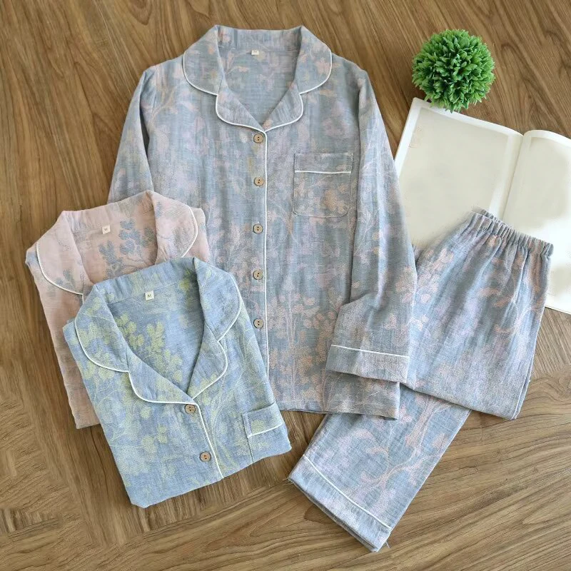 2026 Spring And Autumn Women's Pajama Set 100% Cotton Gauze Retro Color Knitted Long Sleeve Two Piece Set Large Home Clothes
