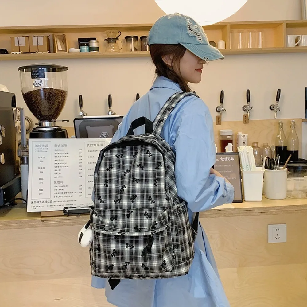 

New Cute Bowknot School Bag Large Capacity Plaid Student Rucksack Lightweight Bowknot Backpack Girls