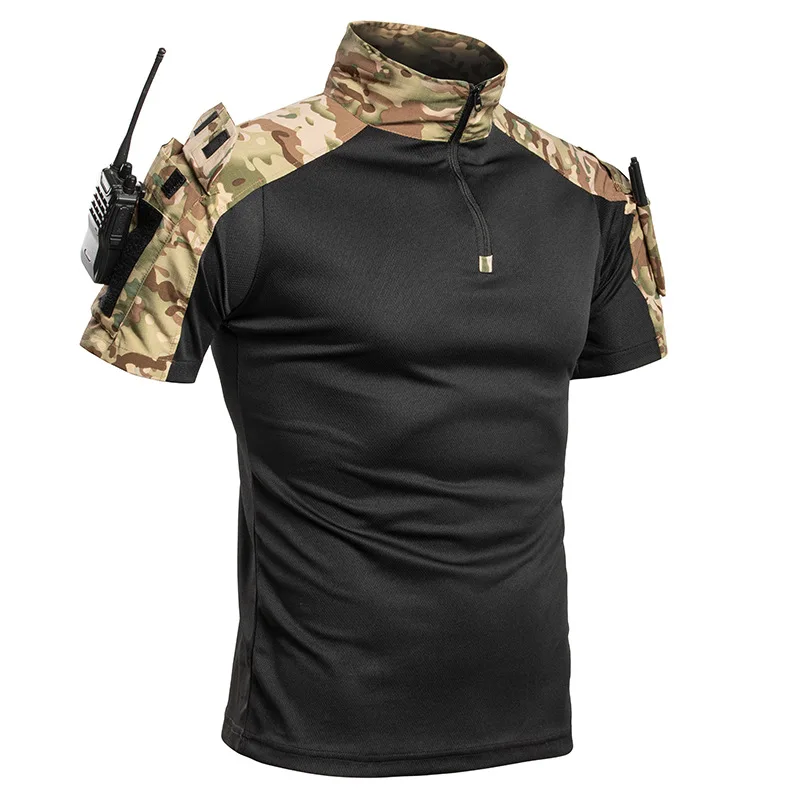 Men's Tactical Combat T-Shirt Short Sleeve Half Zip with Arm Radio Pocket Quick Dry for Hunting Airsoft Training Casual Wear