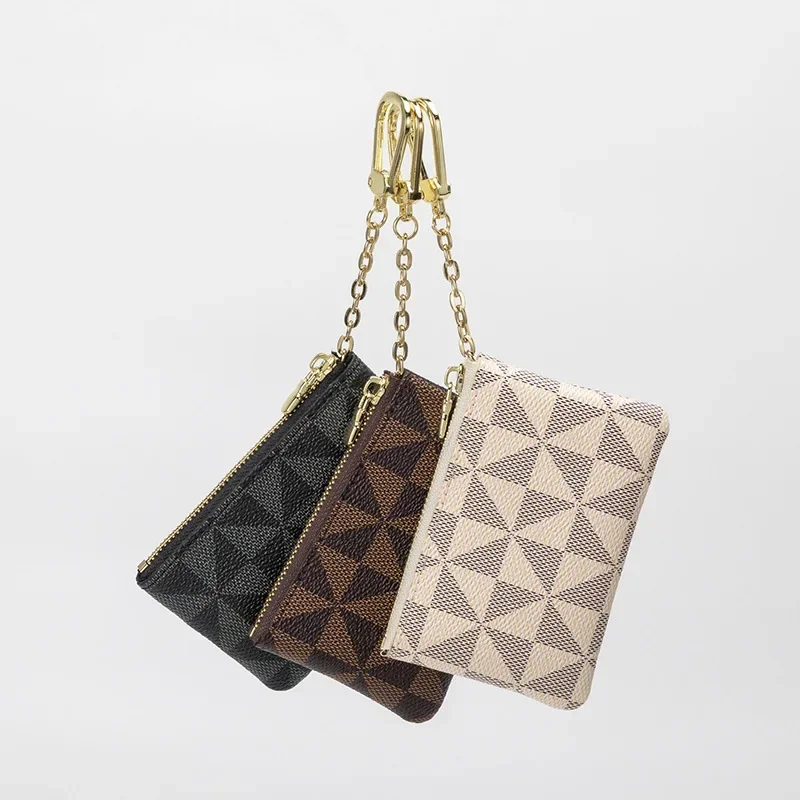 Coin Key Storage Bag with Chain Women Mini Coin Purse Luxury Designer Plaid Leather Small Zipper Wallet Ladies Keychain