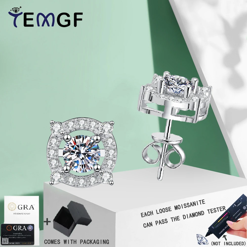 

TEMGF Full Moissanite/Zircon Ear Studs S925 Sterling Silver Earrings Two Ways of Wearing it for Women Party Sparkling Jewelry