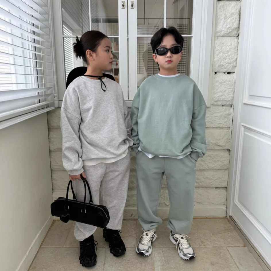 2025 Autumn New Children Casual Sport Clothes Set Solid Baby Boy Long Sleeve Sweatshirt + Pants 2pcs Suit Toddler Girl Outfits