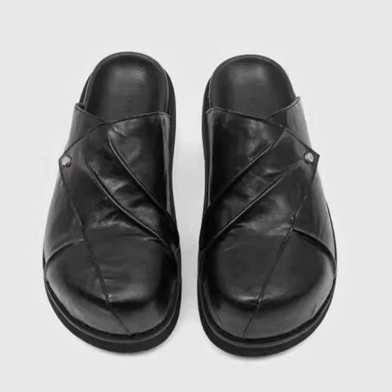 Big-head Men's Slip-on Loafers High-end Casual Leather Shoes Black Men's Slippers Half Shoes For Men Mules Man Shoes