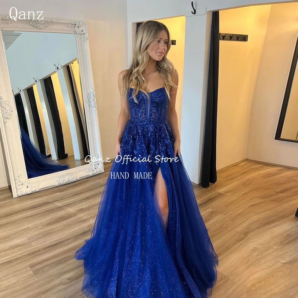 

Qanz Shiny Tulle Formal Occasion Dresses Sparkly High Slit Royal Blue Evening Dresses Appliques Vestidos De Fiesta Customized