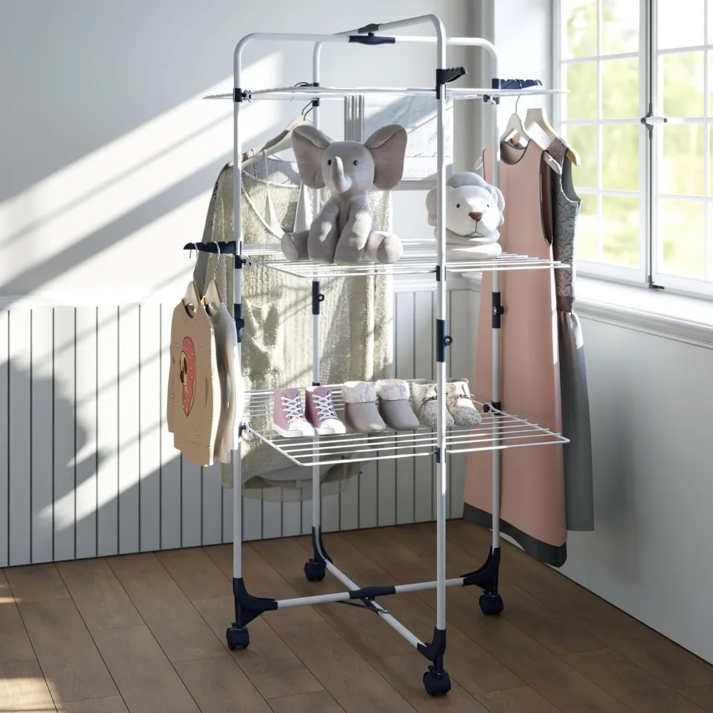 3-Tier Collapsible Clothes Drying Rack with Wheels and 4 Hooks, Indoor-Outdoor Use, for for Bed Linen, Clothing, Socks,Black