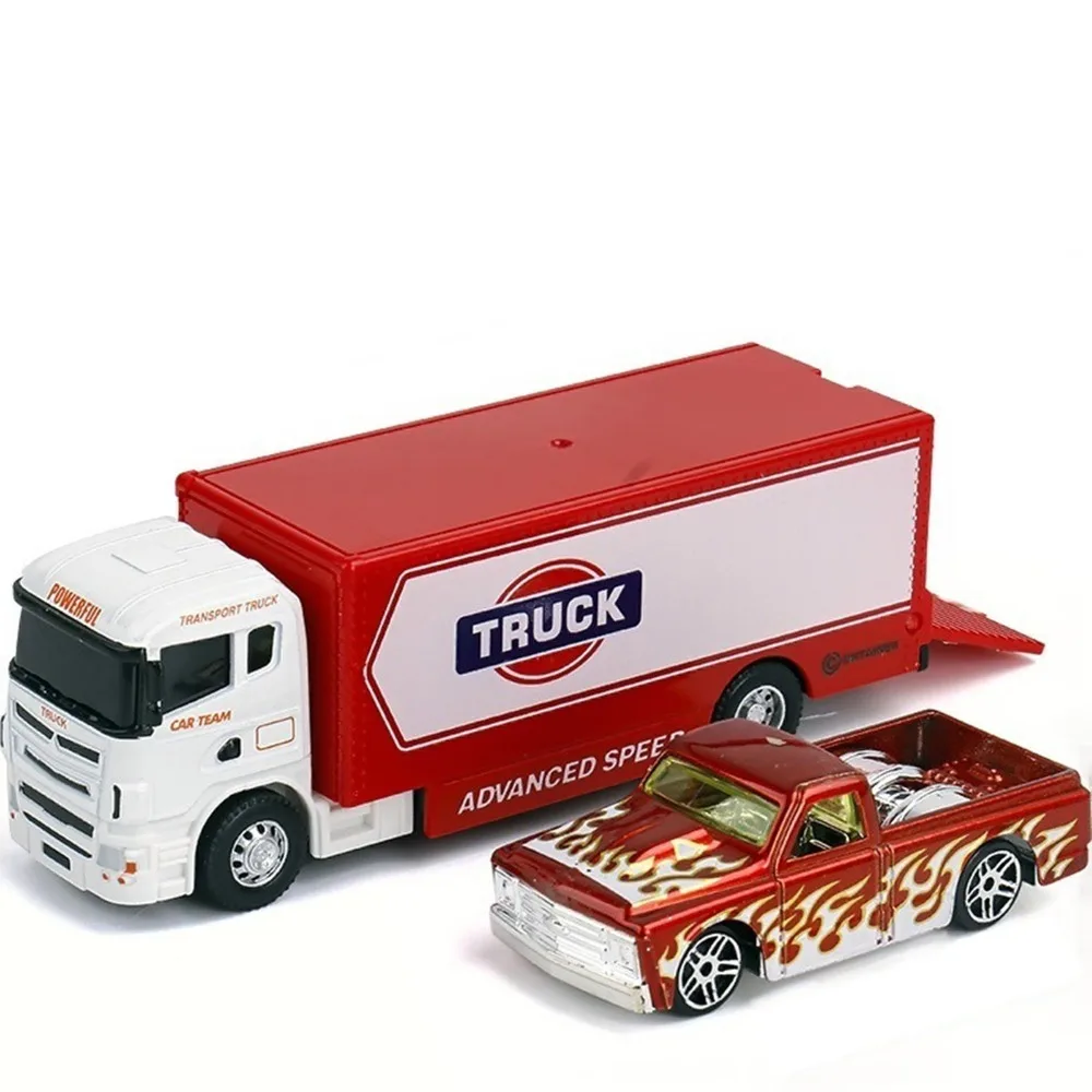 Modelo de remolque de aleación a escala 1:64, vehículo de transporte articulado móvil, vehículos de ingeniería de rescate, deslizamiento hacia atrás