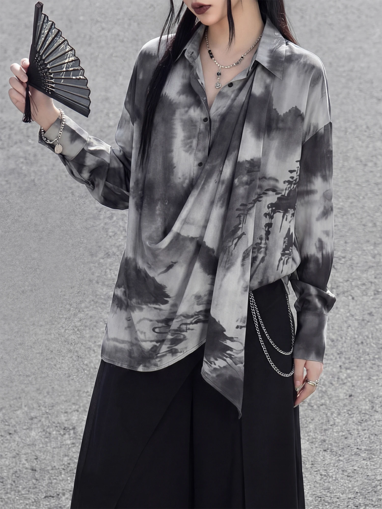 

Gray Ink Wash Mountain Landscape Loose Fit Shirt New Chinese Style Lazy Collar Dark Versatile Slimming Women's Fashion Shirt