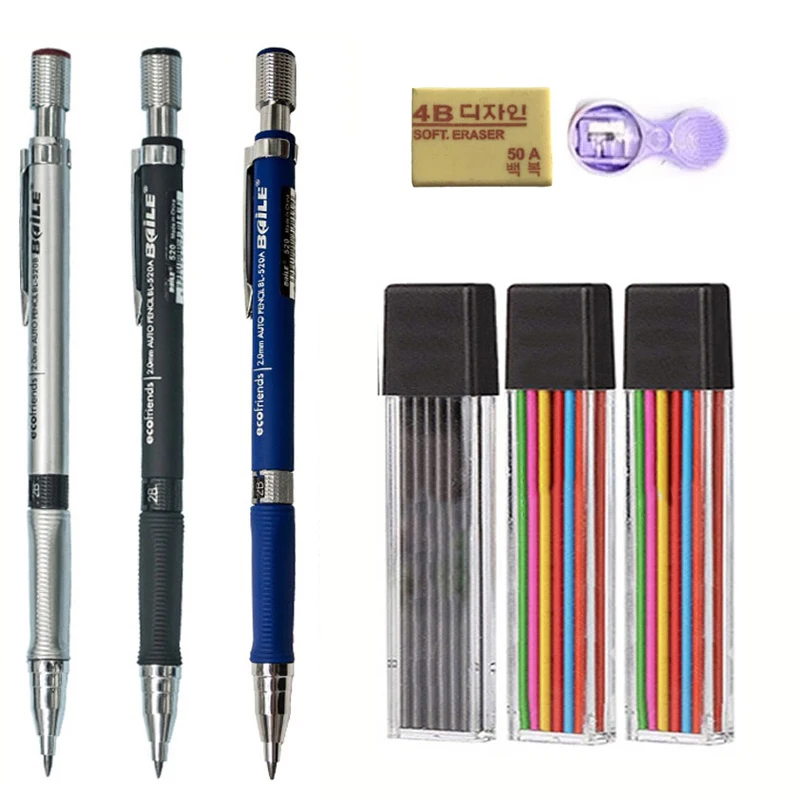 2.0mm Mechanical Pencil With Black/Color Lead Refill Automatic Pencil Art Drawing Sketching Pencils For School Office Stationery
