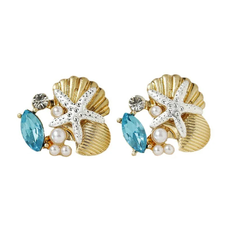 Starfish earrings metal shell imitation pearls fashionable simple retro good-looking earrings suitable for ladies to wear daily