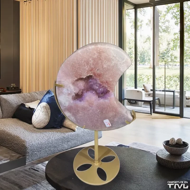 Natural Pink Amethyst Moon Crystal Cluster Feng Shui Home Decor Carved Stone Ornament Healing Energy Gift for Living Room