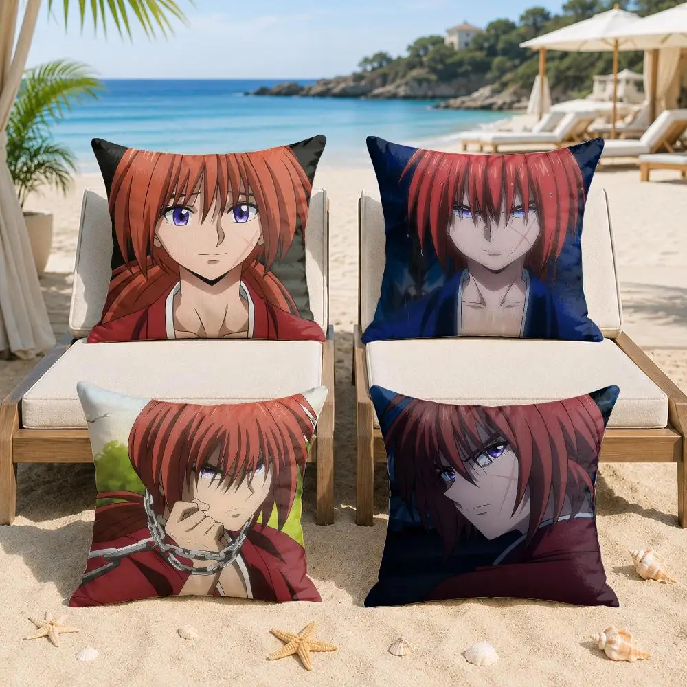 Funda de cojín de Anime R-Rurouni Kenshin, funda de almohada de felpa corta sedosa con cremallera Invisible, funda de almohada para sofá a prueba de polvo para decoración del hogar