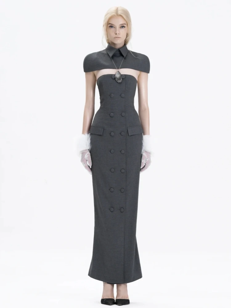 

Sexy Strapless Buttons Design Deconstruct Jumpsuit With Shawl Women Gray Sleeveless Backless Split Jumpsuit Party Runway Evening