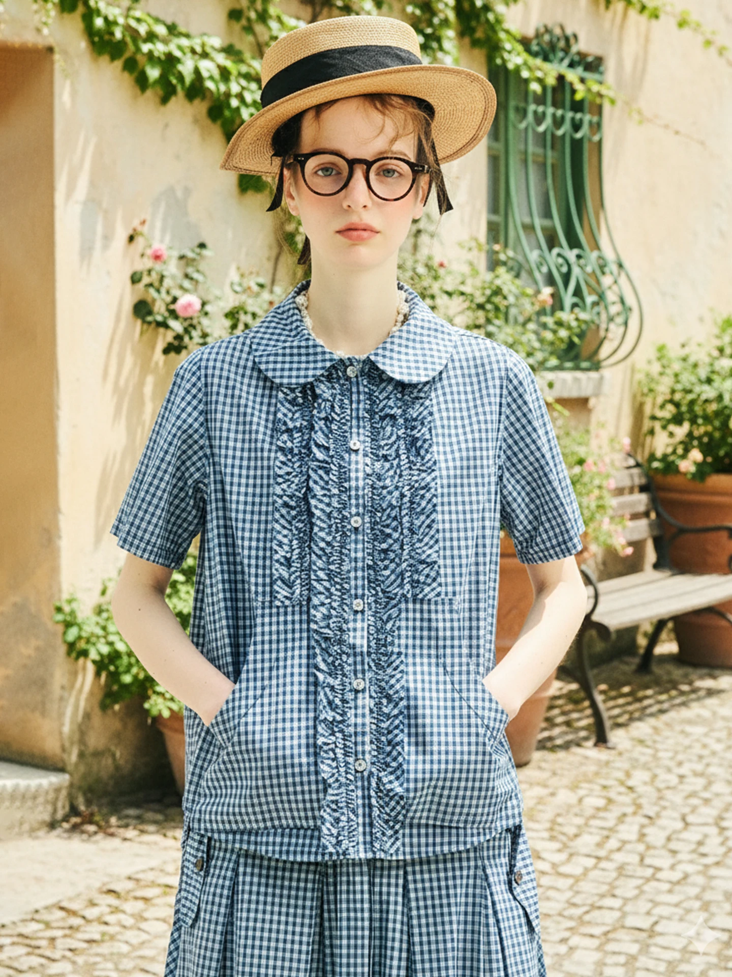 Chemise à carreaux bleue de Style d'été Original, col de poupée lavé en pur coton, dentelle à manches courtes pour dame 255011