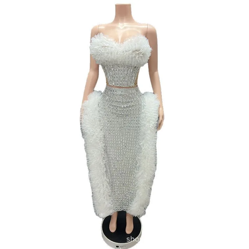Moda argento e bianco sexy lisca di pesce pizzicata abito in vita compleanno abito di fascia alta modello adulto passerella vestiti alla moda Robe Fête