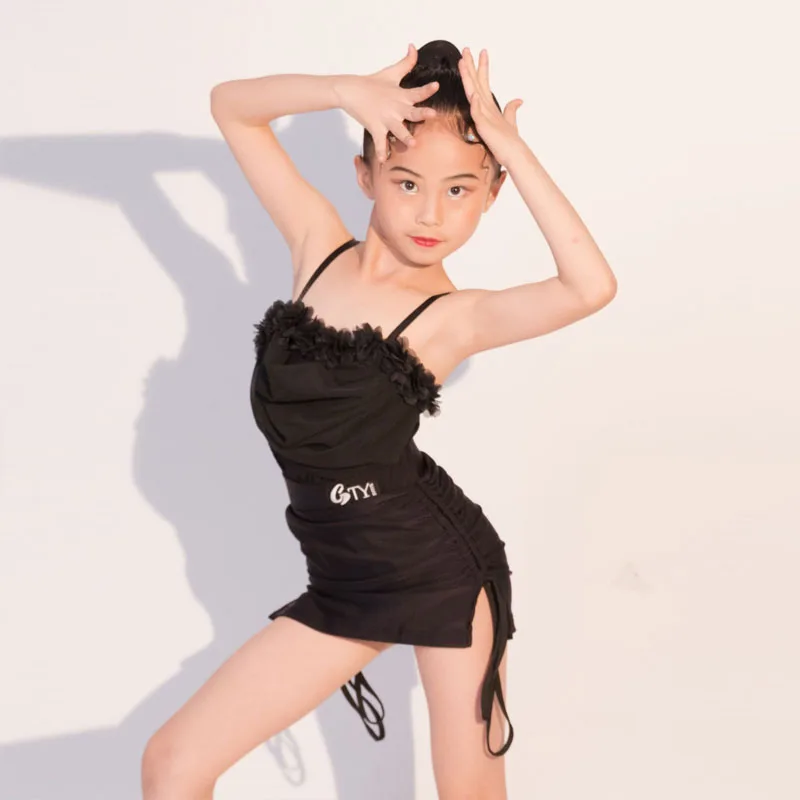 Children's Latin Dance Suit Advanced Sense Set New 2023 Summer Girls' Black Strap Practice Dance Suit