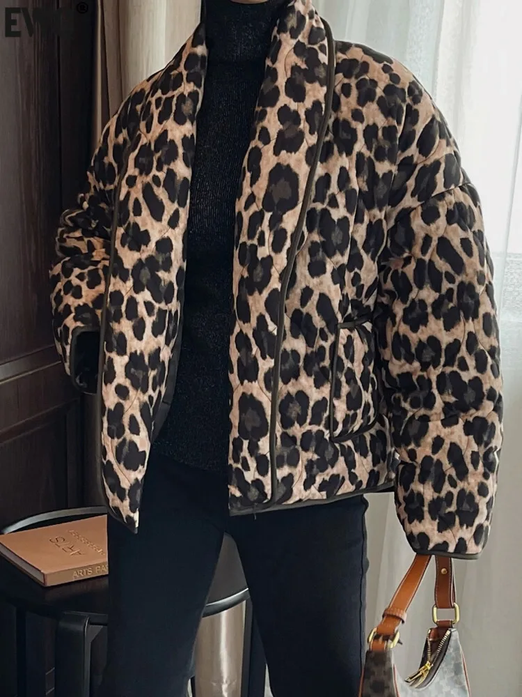 [EWQ] European Style Fashion Cardigan Cotton Parka Leopard Print Jacket Thin Cotton-padded Coat Top Women Winter 2024 Autumn