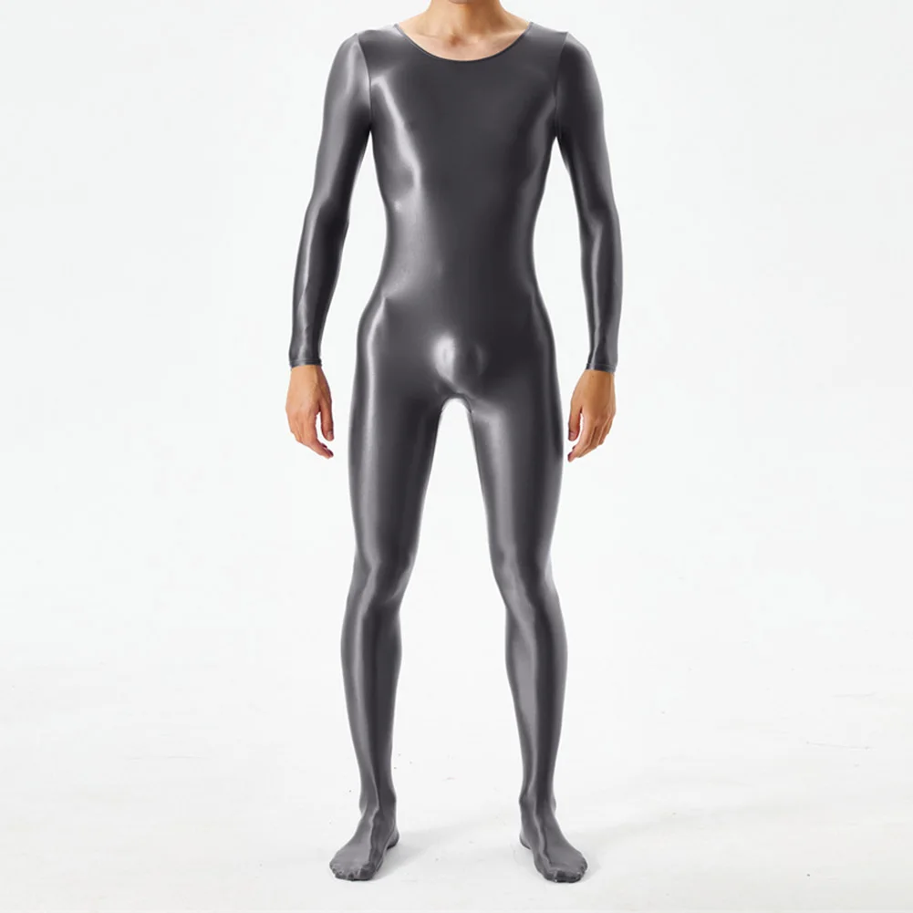 Men Glossy Bodysuit Long Sleeve Tight Full Body Ultra-thin Sheer Jumpsuits Solid Stretch Bodystocking Gay Man Erotic Underwear