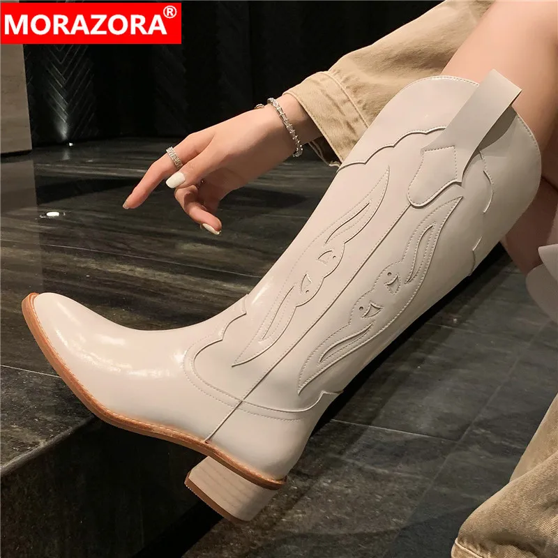 

MORAZORA 2024 New Genuine Leather Knee High Boots Women Square Med Heels Autumn Boots Fashion Female Slip On Western Boots