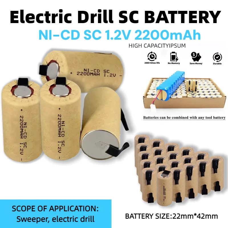

2200mAh 1.2V Sub-C NiCd Rechargeable Battery Pack with Tabs for Cordless Screwdriver Drill Power Tools (SC Cell Replacement)