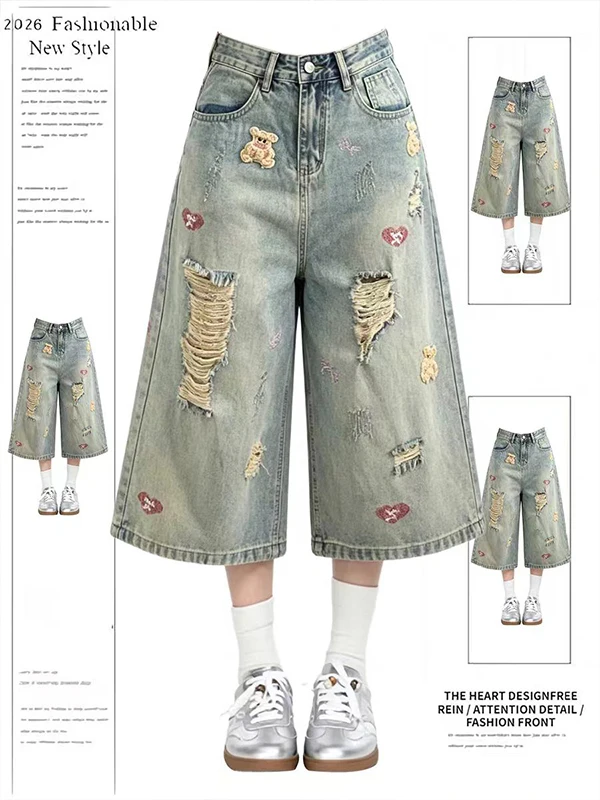 

Retro American Washed Hole Denim Seven-Foot Pants Women Summer New Design Sense Bear Embroidery Short Pants Casual Wide Leg H...