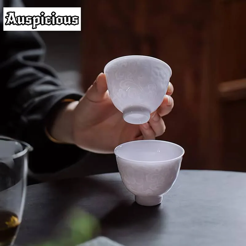 2pc/set 70ml Hibiscus Purple Tangled Lotus Embossed High Foot Cup Ceramic Tea Cup Domestic Hostess Cup Personal Kung Fu Tea Cup