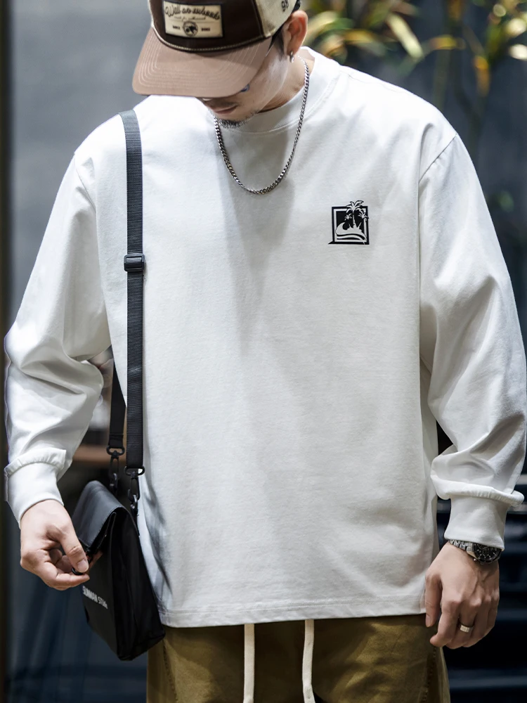 Loose Fit Men's Long Sleeve T-Shirt Casual Printed Cotton Top Breathable Spring Autumn Fashion Trend Base Layer Shirt